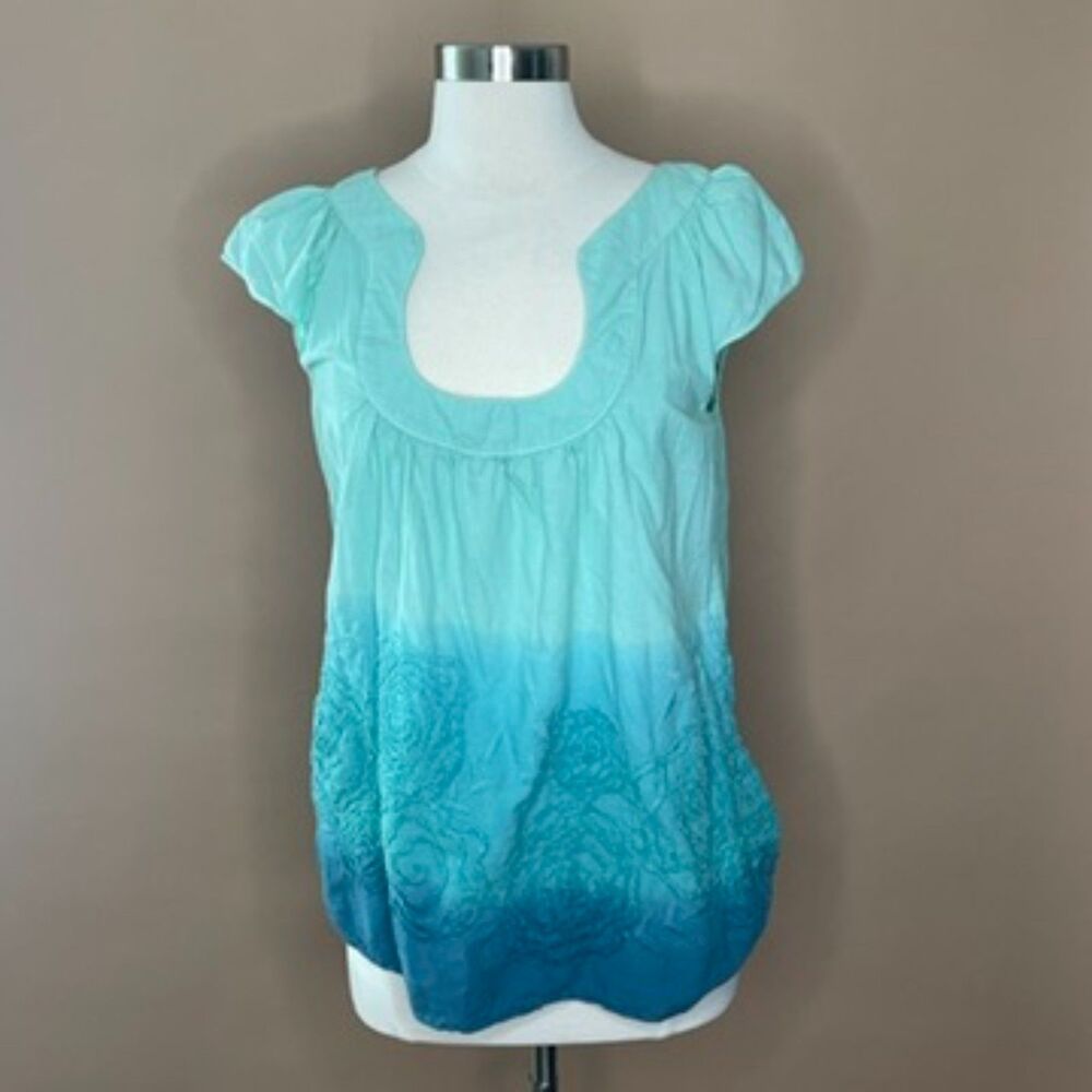 Max Edition Turquoise Blue Ombre Floral Boho Flutter Sleeve Blouse Size M